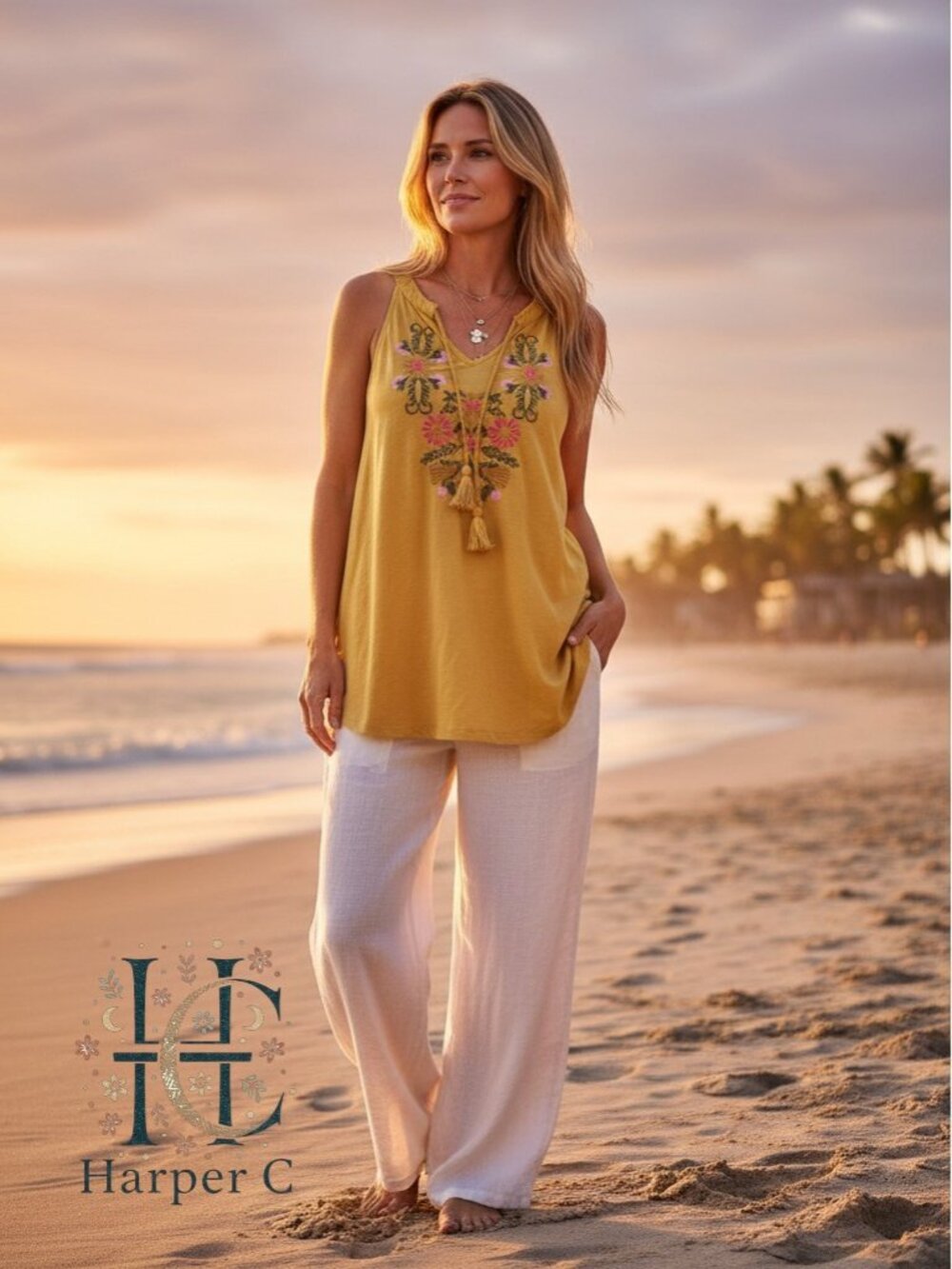 Keep in Touch - Mustard Floral Embroidered Tank Top Boho Sleeveless V-Neck Flowy